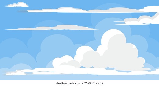 Sky with Clouds illustration in flat style. Sky and clouds background. Cloudy vector cartoon illustration in blue color. Nature abstract wallpaper.