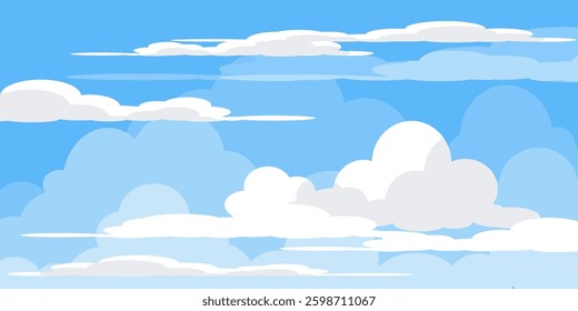 Sky with Clouds illustration in flat style. Sky and clouds background. Cloudy vector cartoon illustration in blue color. Nature abstract wallpaper