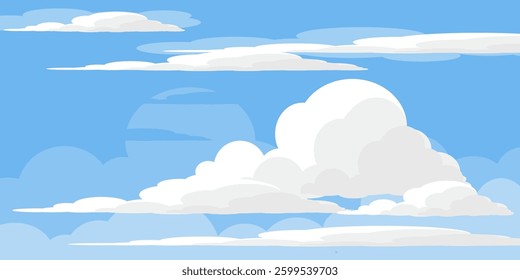 Sky with Clouds illustration in flat style. Sky and clouds background. Cloudy vector cartoon illustration in blue color. Nature abstract wallpaper
