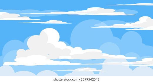 Sky with Clouds illustration in flat style. Sky and clouds background. Cloudy vector cartoon illustration in blue color. Nature abstract wallpaper