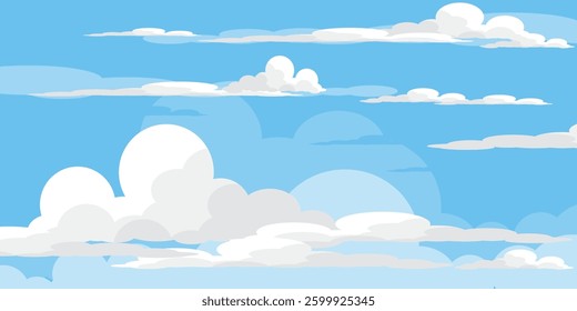 Sky with Clouds illustration in flat style. Sky and clouds background. Cloudy vector cartoon illustration in blue color. Nature abstract wallpaper