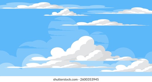 Sky with Clouds illustration in flat style. Sky and clouds background. Cloudy vector cartoon illustration in blue color. Nature abstract wallpaper.