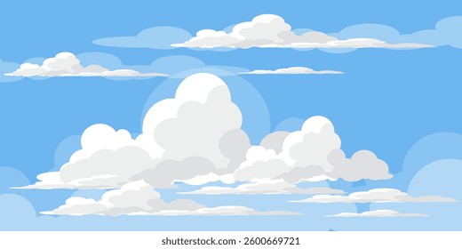 Sky with Clouds illustration in flat style. Sky and clouds background. Cloudy vector cartoon illustration in blue color. Nature abstract wallpaper.