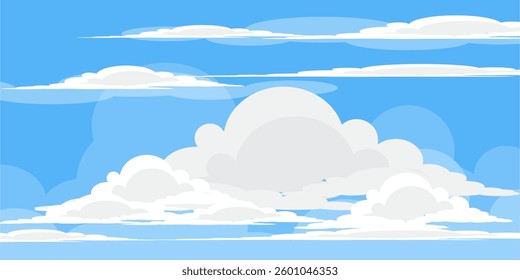 Sky with Clouds illustration in flat style. Sky and clouds background. Cloudy vector cartoon illustration in blue color. Nature abstract wallpaper.