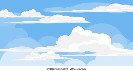 Sky with Clouds illustration in flat style. Sky and clouds background. Cloudy vector cartoon illustration in blue color. Nature abstract wallpaper.