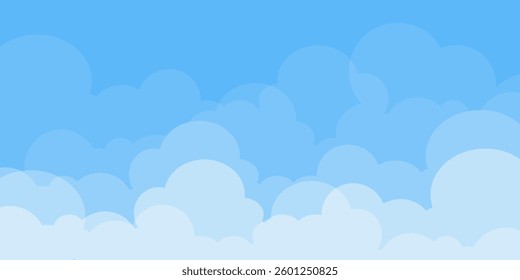 Sky with Clouds illustration in flat style. Sky and clouds background. Cloudy vector cartoon illustration in blue color. Nature abstract wallpaper.