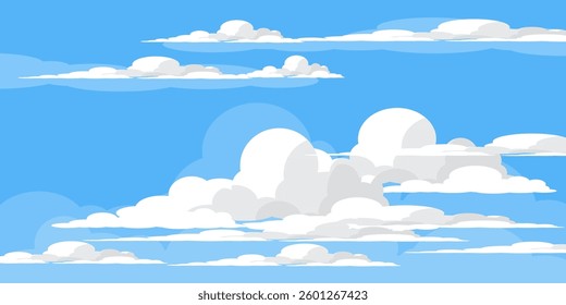 Sky with Clouds illustration in flat style. Sky and clouds background. Cloudy vector cartoon illustration in blue color. Nature abstract wallpaper.