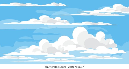 Sky with Clouds illustration in flat style. Sky and clouds background. Cloudy vector cartoon illustration in blue color. Nature abstract wallpaper.