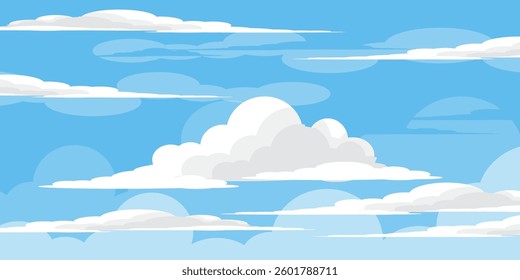 Sky with Clouds illustration in flat style. Sky and clouds background. Cloudy vector cartoon illustration in blue color. Nature abstract wallpaper.
