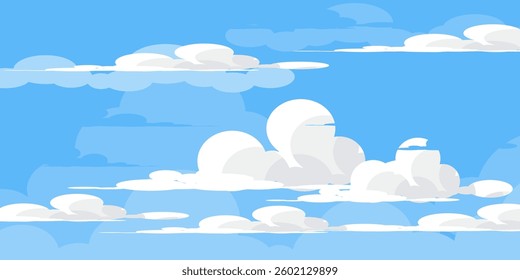 Sky with Clouds illustration in flat style. Sky and clouds background. Cloudy vector cartoon illustration in blue color. Nature abstract wallpaper.