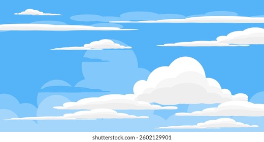 Sky with Clouds illustration in flat style. Sky and clouds background. Cloudy vector cartoon illustration in blue color. Nature abstract wallpaper.