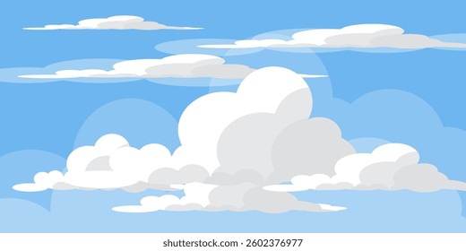 Sky with Clouds illustration in flat style. Sky and clouds background. Cloudy vector cartoon illustration in blue color. Nature abstract wallpaper.