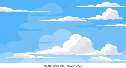Sky with Clouds illustration in flat style. Sky and clouds background. Cloudy vector cartoon illustration in blue color. Nature abstract wallpaper.