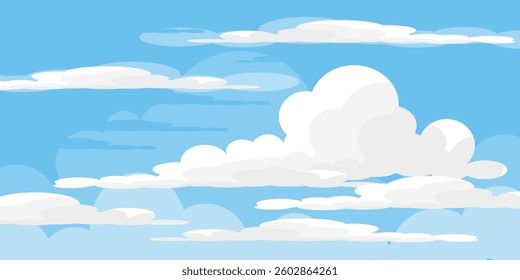 Sky with Clouds illustration in flat style. Sky and clouds background. Cloudy vector cartoon illustration in blue color. Nature abstract wallpaper.