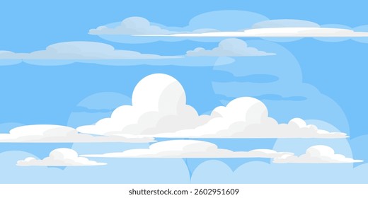 Sky with Clouds illustration in flat style. Sky and clouds background. Cloudy vector cartoon illustration in blue color. Nature abstract wallpaper
