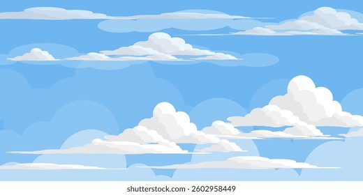 Sky with Clouds illustration in flat style. Sky and clouds background. Cloudy vector cartoon illustration in blue color. Nature abstract wallpaper