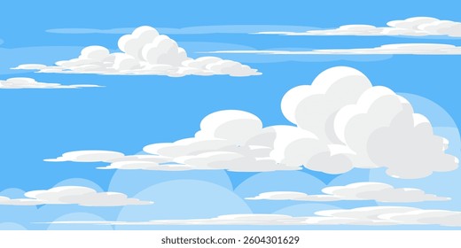 Sky with Clouds illustration in flat style. Sky and clouds background. Cloudy vector cartoon illustration in blue color. Nature abstract wallpaper