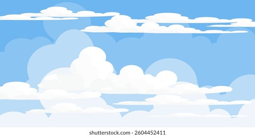 Sky with Clouds illustration in flat style. Sky and clouds background. Cloudy vector cartoon illustration in blue color. Nature abstract wallpaper.