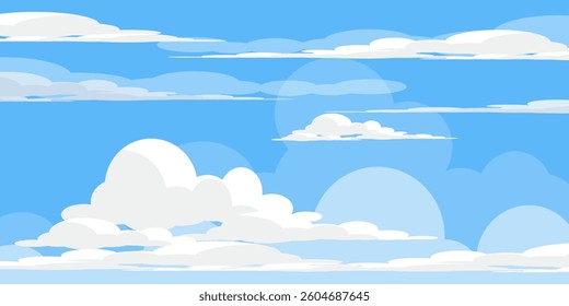 Sky with Clouds illustration in flat style. Sky and clouds background. Cloudy vector cartoon illustration in blue color. Nature abstract wallpaper.