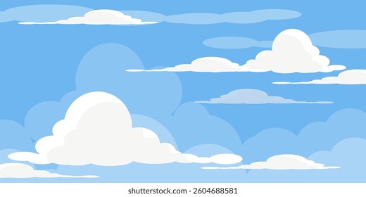 Sky with Clouds illustration in flat style. Sky and clouds background. Cloudy vector cartoon illustration in blue color. Nature abstract wallpaper.