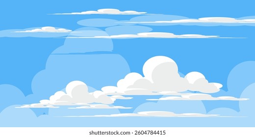 Sky with Clouds illustration in flat style. Sky and clouds background. Cloudy vector cartoon illustration in blue color. Nature abstract wallpaper.