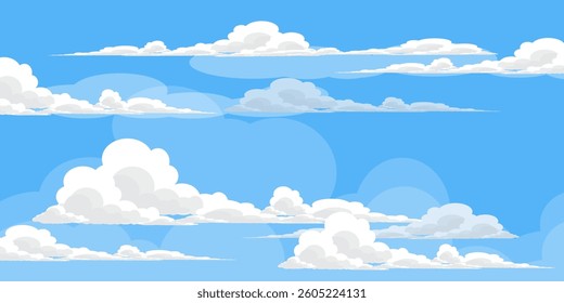 Sky with Clouds illustration in flat style. Sky and clouds background. Cloudy vector cartoon illustration in blue color. Nature abstract wallpaper.