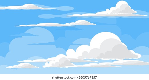 Sky with Clouds illustration in flat style. Sky and clouds background. Cloudy vector cartoon illustration in blue color. Nature abstract wallpaper.
