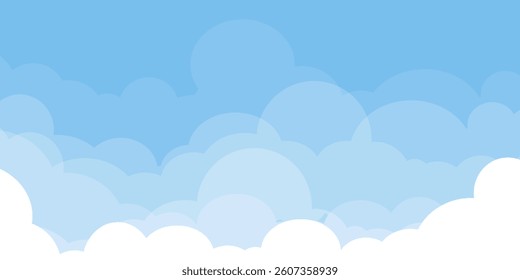 Sky with Clouds illustration in flat style. Sky and clouds background. Cloudy vector cartoon illustration in blue color. Nature abstract wallpaper.