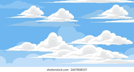 Sky with Clouds illustration in flat style. Sky and clouds background. Cloudy vector cartoon illustration in blue color. Nature abstract wallpaper.