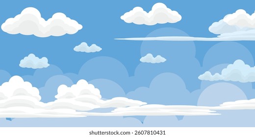 Sky with Clouds illustration in flat style. Sky and clouds background. Cloudy vector cartoon illustration in blue color. Nature abstract wallpaper.