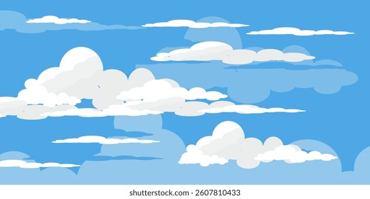 Sky with Clouds illustration in flat style. Sky and clouds background. Cloudy vector cartoon illustration in blue color. Nature abstract wallpaper.