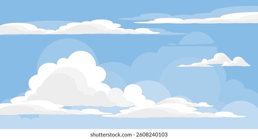 Sky with Clouds illustration in flat style. Sky and clouds background. Cloudy vector cartoon illustration in blue color. Nature abstract wallpaper.