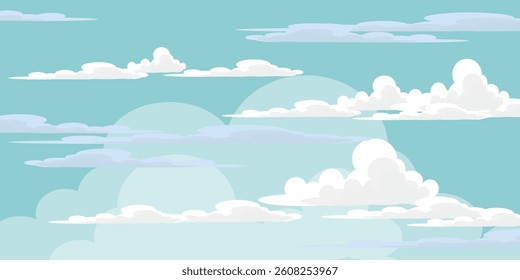 Sky with Clouds illustration in flat style. Sky and clouds background. Cloudy vector cartoon illustration in blue color. Nature abstract wallpaper.