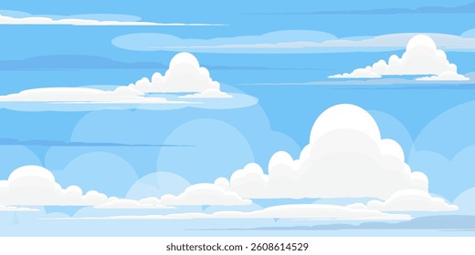 Sky with Clouds illustration in flat style. Sky and clouds background. Cloudy vector cartoon illustration in blue color. Nature abstract wallpaper.