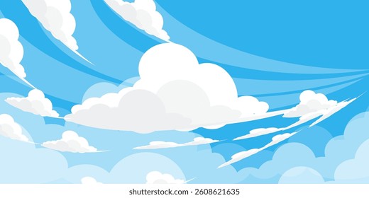 Sky with Clouds illustration in flat style. Sky and clouds background. Cloudy vector cartoon illustration in blue color. Nature abstract wallpaper.