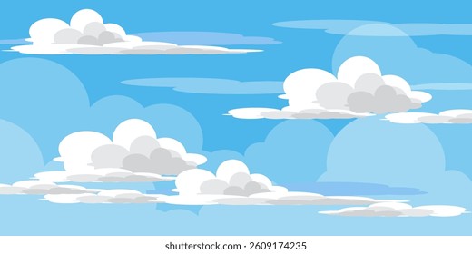 Sky with Clouds illustration in flat style. Sky and clouds background. Cloudy vector cartoon illustration in blue color. Nature abstract wallpaper.