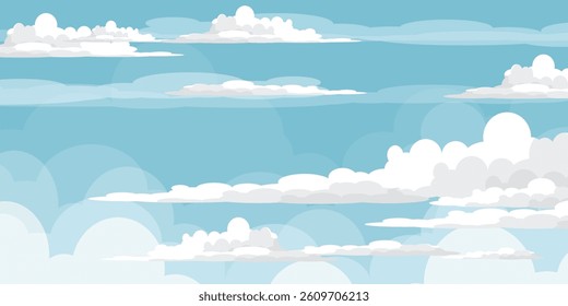 Sky with Clouds illustration in flat style. Sky and clouds background. Cloudy vector cartoon illustration in blue color. Nature abstract wallpaper.