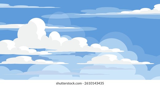 Sky with Clouds illustration in flat style. Sky and clouds background. Cloudy vector cartoon illustration in blue color. Nature abstract wallpaper.