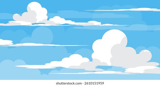 Sky with Clouds illustration in flat style. Sky and clouds background. Cloudy vector cartoon illustration in blue color. Nature abstract wallpaper.