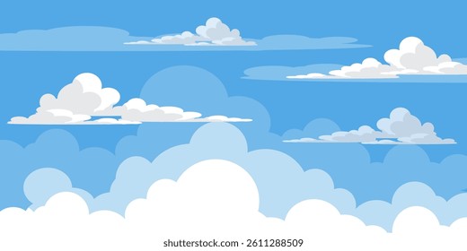 Sky with Clouds illustration in flat style. Sky and clouds background. Cloudy vector cartoon illustration in blue color. Nature abstract wallpaper.
