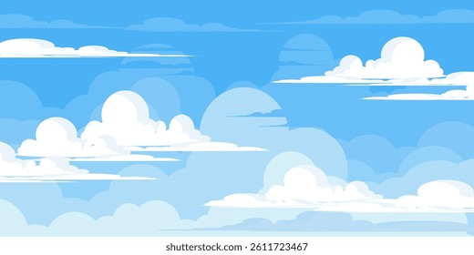 Sky with Clouds illustration in flat style. Sky and clouds background. Cloudy vector cartoon illustration in blue color. Nature abstract wallpaper.