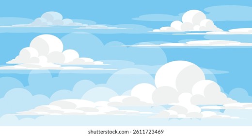 Sky with Clouds illustration in flat style. Sky and clouds background. Cloudy vector cartoon illustration in blue color. Nature abstract wallpaper.