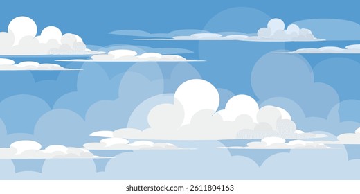Sky with Clouds illustration in flat style. Sky and clouds background. Cloudy vector cartoon illustration in blue color. Nature abstract wallpaper.