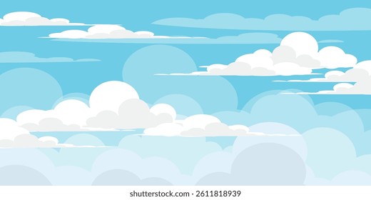 Sky with Clouds illustration in flat style. Sky and clouds background. Cloudy vector cartoon illustration in blue color. Nature abstract wallpaper.