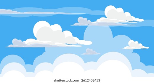 Sky with Clouds illustration in flat style. Sky and clouds background. Cloudy vector cartoon illustration in blue color. Nature abstract wallpaper.