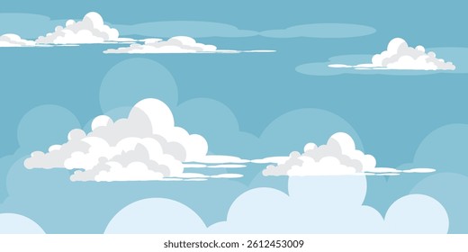 Sky with Clouds illustration in flat style. Sky and clouds background. Cloudy vector cartoon illustration in blue color. Nature abstract wallpaper.