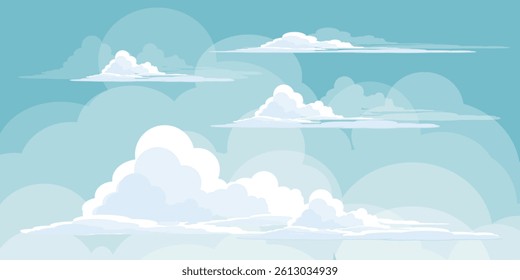 Sky with Clouds illustration in flat style. Sky and clouds background. Cloudy vector cartoon illustration in blue color. Nature abstract wallpaper.
