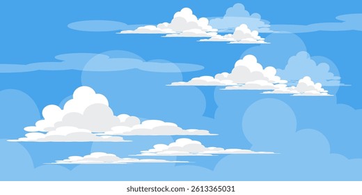 Sky with Clouds illustration in flat style. Sky and clouds background. Cloudy vector cartoon illustration in blue color. Nature abstract wallpaper.