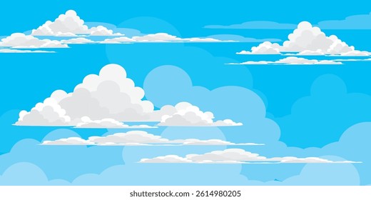 Sky with Clouds illustration in flat style. Sky and clouds background. Cloudy vector cartoon illustration in blue color. Nature abstract wallpaper.
