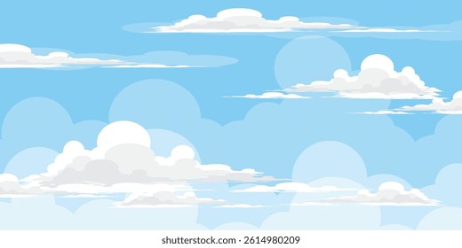 Sky with Clouds illustration in flat style. Sky and clouds background. Cloudy vector cartoon illustration in blue color. Nature abstract wallpaper.